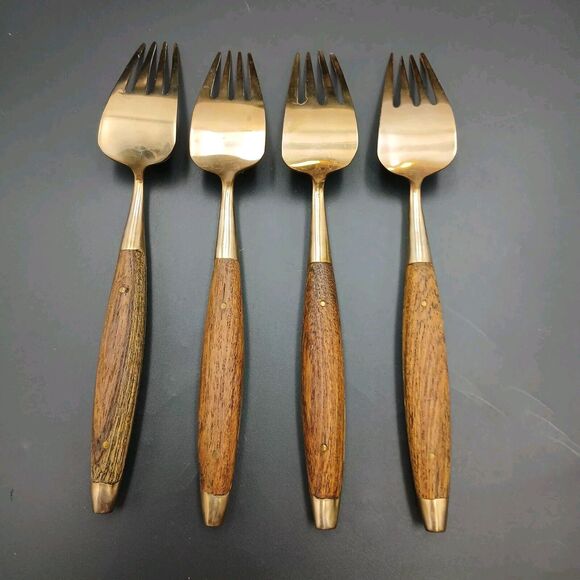 Antique Rosewood Bronze and Wood Set of 4 Salad Fork  Antique Rosewood Bronze and Wood Set of 4 Salad Fork Thailand Rare